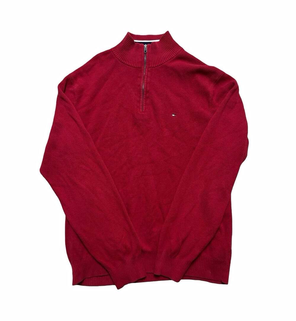 Tommy Hilfiger 1/4 Zip Mock Neck Knit Cotton Sweater Men’s L Solid Red